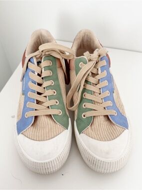 Rocket Dog Beige Corduroy Sneakers with Blue and Green Accents